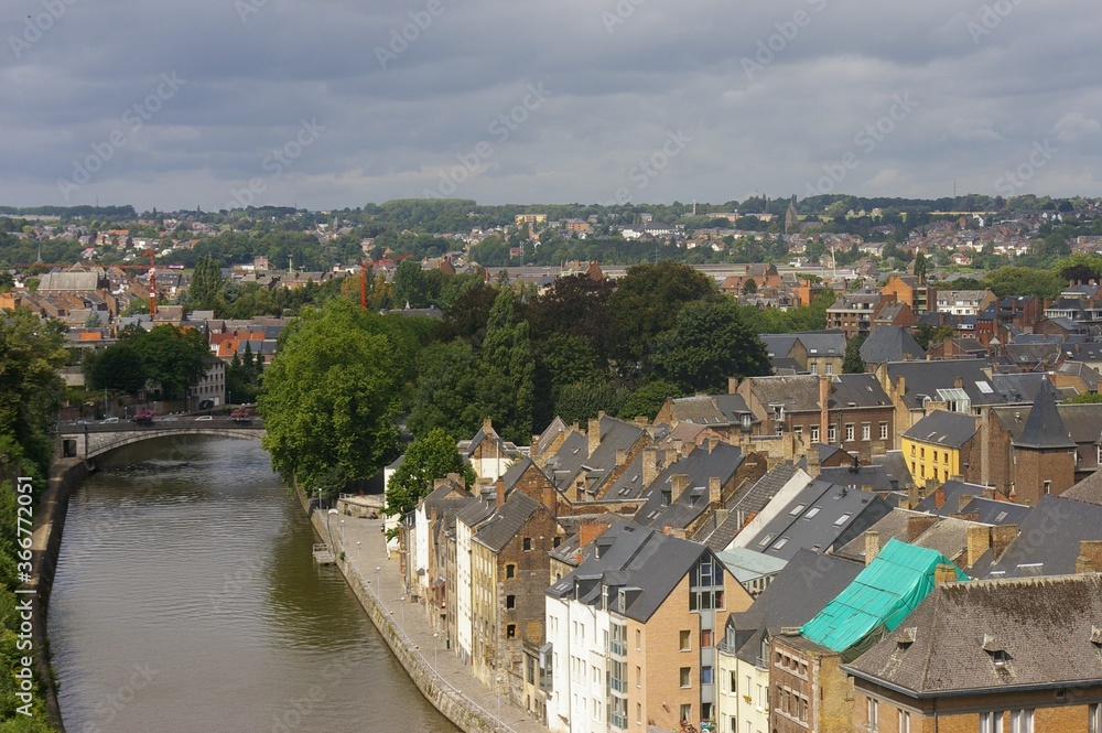 An aerial view of Namur, Belgium, from the bridge over the Sambre river.