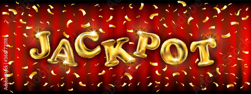 Winner banner with golden ballons. Jackpot banner illuminated by spotlights with confetti. Vector illustration.