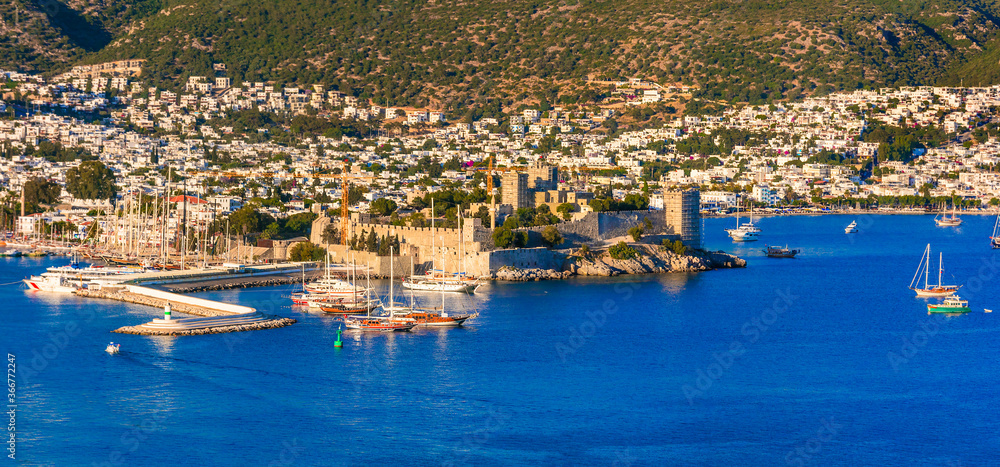 Bodrum, landmarks of Turkey . hilltop view of marina and old town with medieval castle