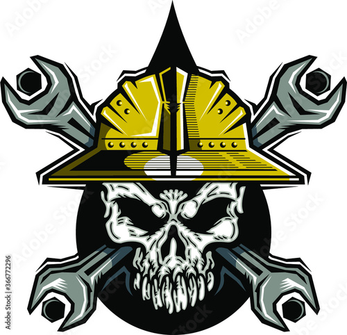 oilfield roughneck skull logo with hard hat and crossed wrenches