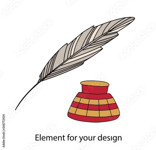 Feather and ink. A jar of ink. Write. Writing tools. Vector illustration