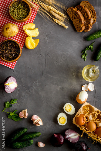 Dinner table with fresh homemade food - eggs, bread, potatoes