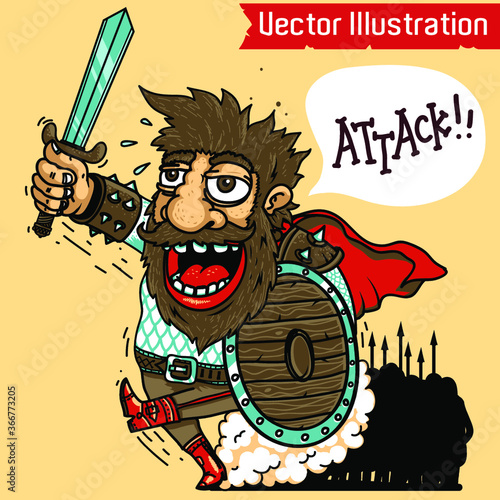 Crazy soldier with sword. Commander leads army on attack. general with sword runs before his army. Emperor Leonid in red cloak with sword and shield in hands runs before a large army. Sparta attacks