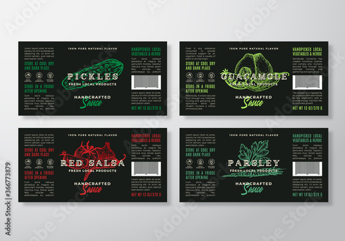 Handcrafted Sauce Labels Template Set. Abstract Vector Packaging Design Layouts. Modern Typography Guacamole and Salsa Banners with Hand Drawn Herbs and Vegetables Silhouettes Background.
