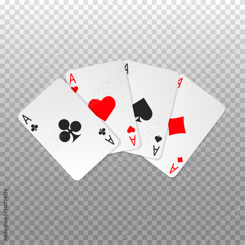 Four aces poker cards isolated on transparent background.  Playing card. Vector illustration. 