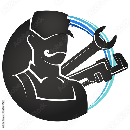 Plumber in uniform with wrenches symbol for repair and service