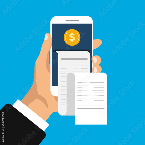 Mobile banking and payment. Hand holds smartphone with receipt and coins in trendy isometric style. Vector illustration isolated on color background.	
