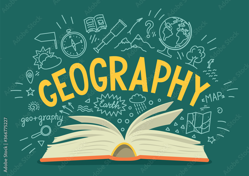 Geography. Open book with hand drawn word "geography" and doodle
