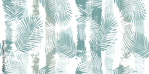 Tropical pattern, palm leaves seamless vector floral background. Exotic plant on blue stripes print illustration. Summer nature jungle print. Leaves of palm tree on paint lines. ink brush strokes