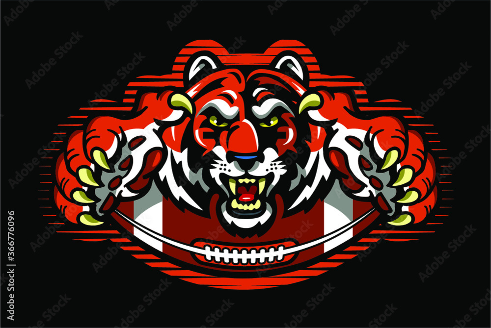 tiger football team design with mascot and half ball for school, college or league