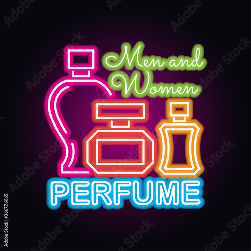 men and women perfume fragrance with neon sign effect, vector illustration