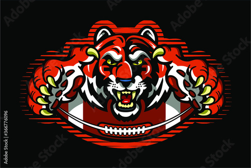Fototapeta Naklejka Na Ścianę i Meble -  tiger football team design with mascot and half ball for school, college or league