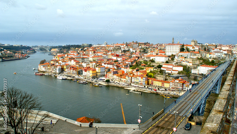 Panoramic view of Oporto and iron bridge in Portugal