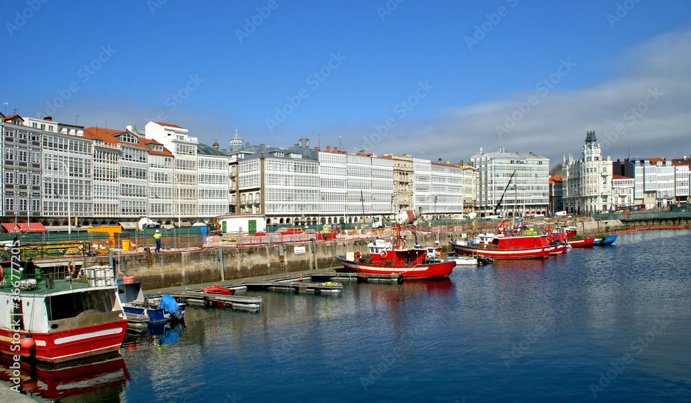 Marina Coruna and typical  buildings in Galicia, Spain
