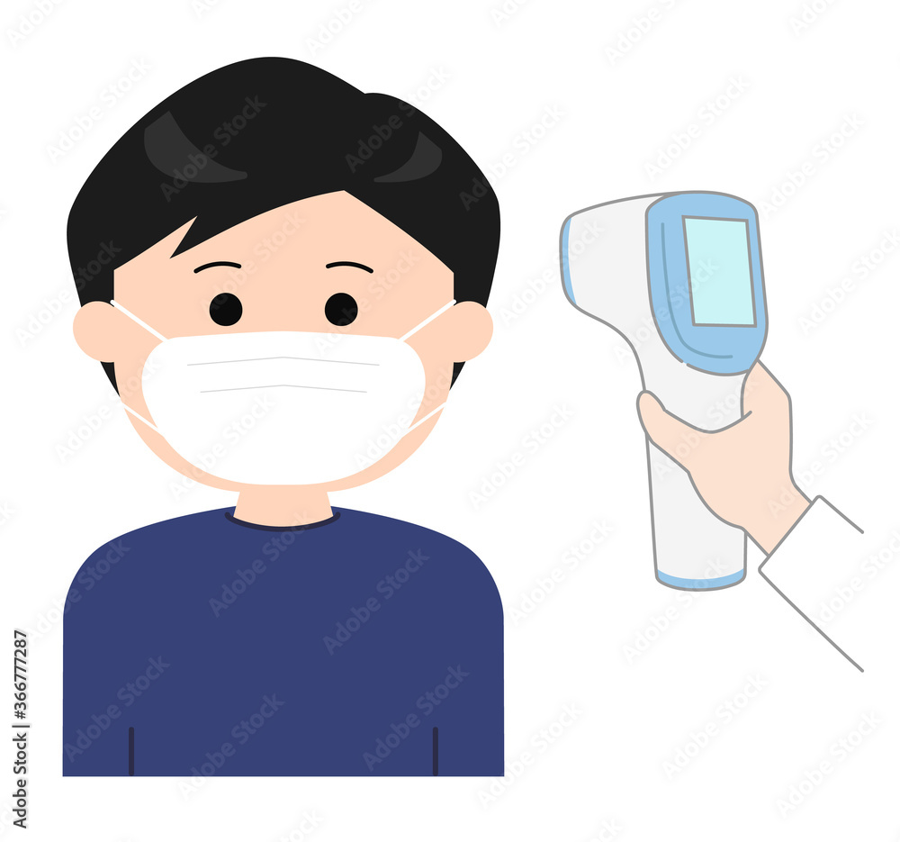 Man measuring a body temperature using infrared forehead thermometer gun for corona virus. Vector illustration isolated on white background. Man measuring a body temperature using infrared forehead thermometer gun for corona virus. Vector illustration isolated on white background.