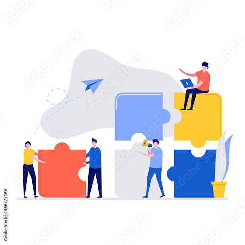 Teamwork success vector illustration with people characters and puzzle. Modern flat style for landing page, mobile app, poster, flyer, template, web banner, infographics, hero images