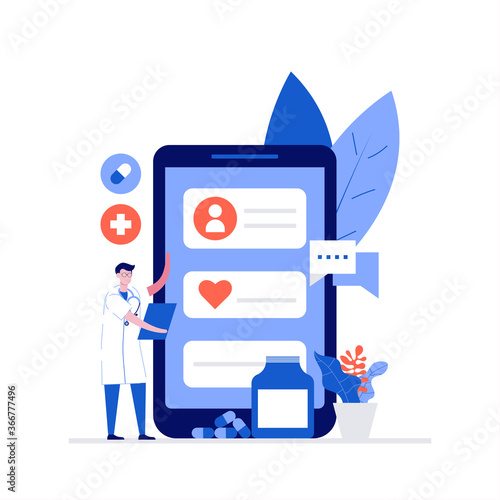 Doctor using online app to help the patients concept with characters. Modern flat style for landing page, mobile app, poster, flyer, template, web banner, infographics, hero images.