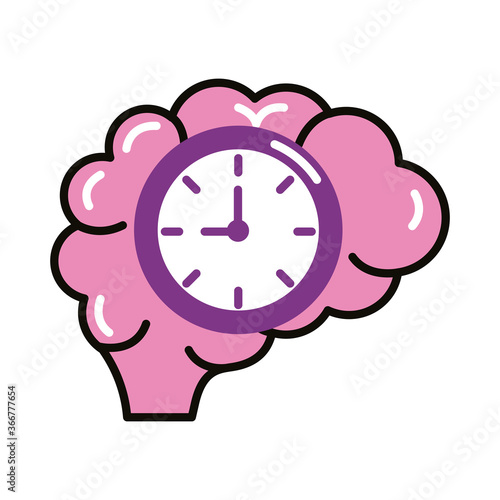 brain human with time clock line and fill style icon