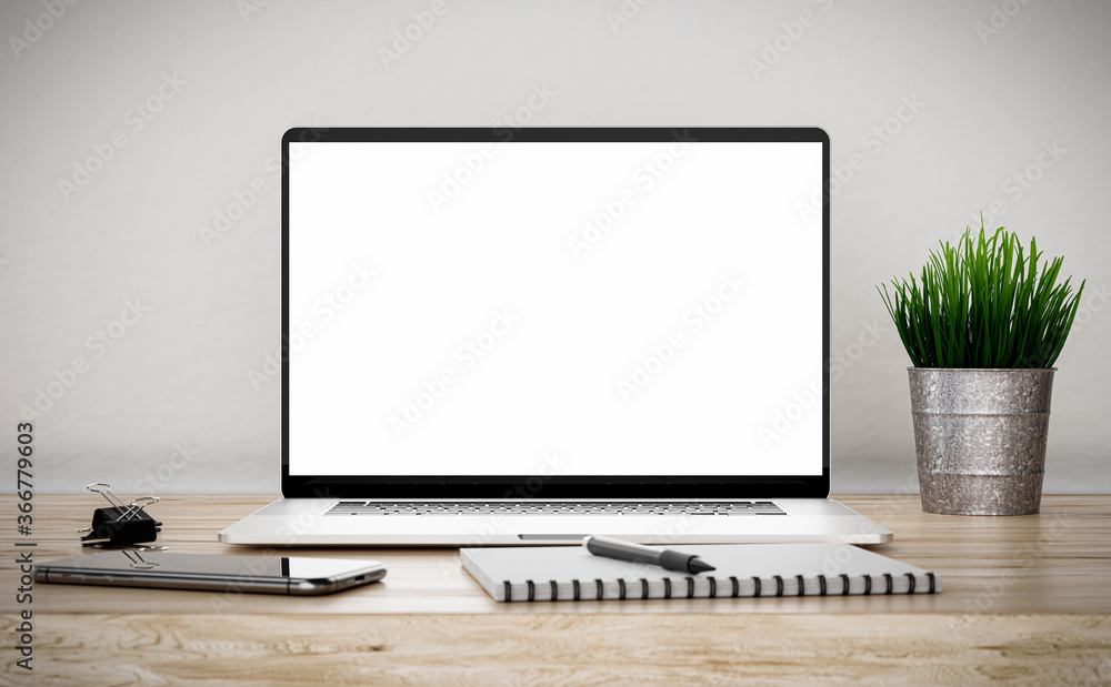Laptop with blank screen on beige wooden table in office with phone, paper  clip, flower grass and notebook Stock-Foto | Adobe Stock