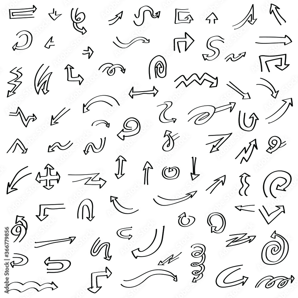 Obraz premium Abstract Set Black Collection Hand Drawn Different Arrows Elements Vector Design Sketch Style Doodle Line Brush Icons