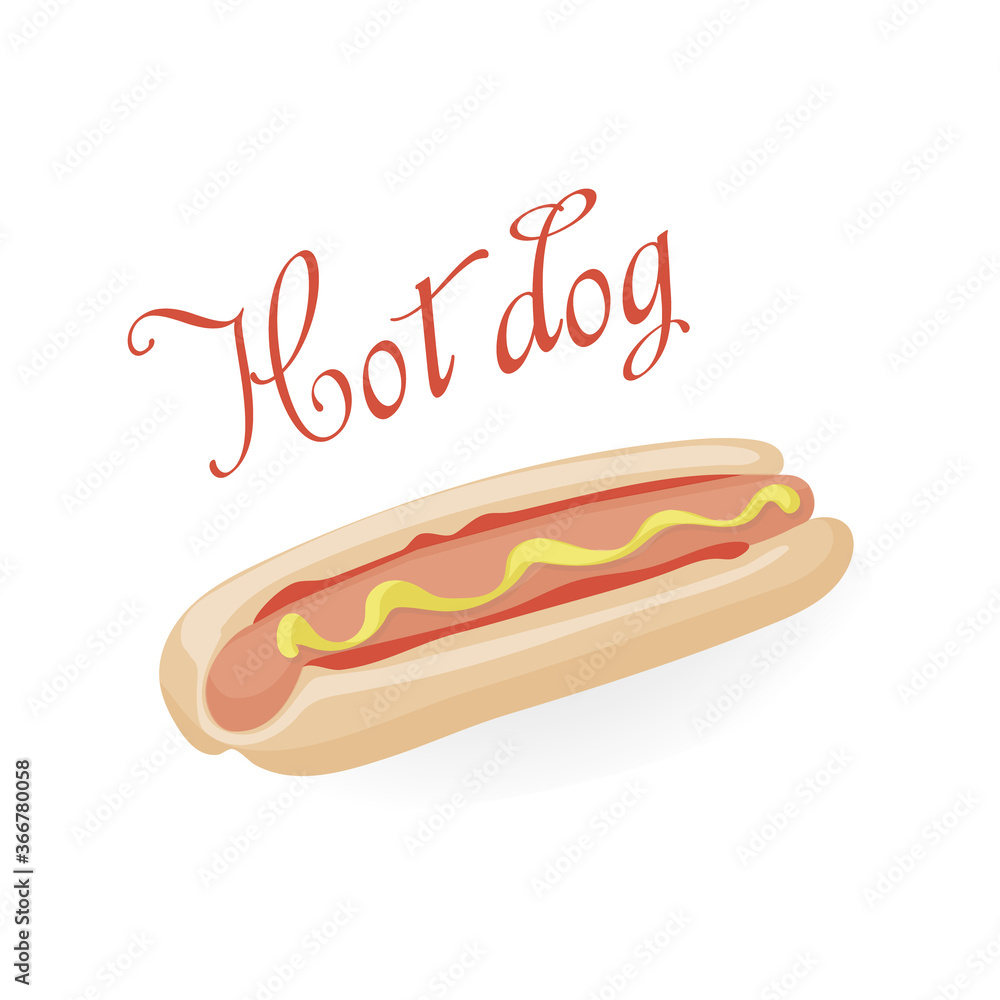 Fast food. Hot dog, sausage in a fresh bun with sauce and mustard. illustration of street food for menu design and packaging. Fast food. Hot dog, sausage in a fresh bun with sauce and mustard. illustration of street food for menu design and packaging.