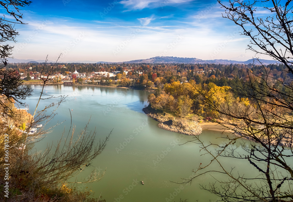 Willamette river in sunny autumn day. View from above. Milwaukie City, Oregon,  on the background