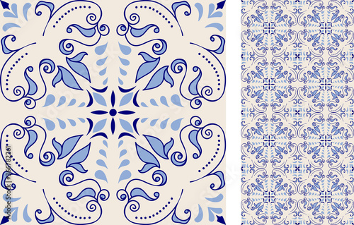 Seamless Azulejo tile. Portuguese and Spain decor. Islam, Arabic, Indian, Ottoman motif. Vector Hand drawn pattern	