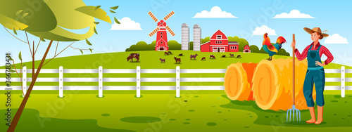 Farm village vector illustration with woman farmer, pitchfork, hay, cock, mill, livestock, fence. Agriculture countryside rural landscape in flat style with village buildings, cows, young woman in hat