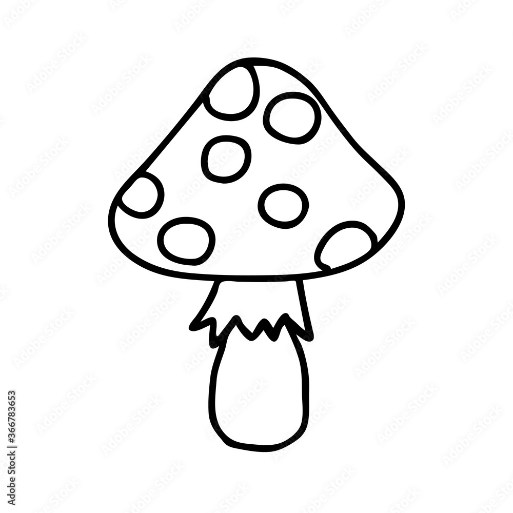 Black hand-drawn vector illustration of One fresh mushroom Fly agaric isolated on a white background