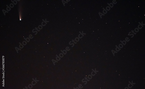 Comet Neowise in the black starry night sky. The sky of the Northern hemisphere at night  various constellations  comets and cosmic celestial bodies. Night sky  space.