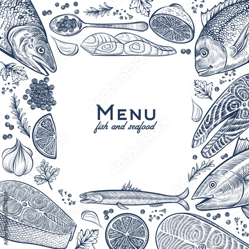 Seafood square frame with fish dishes. Vintage menu background. Template for designs.