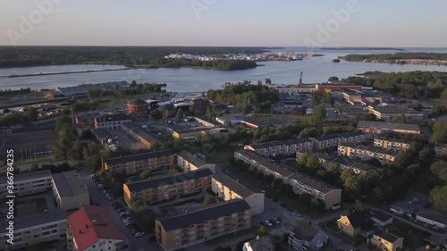 A Small European Town called Gavle in Sweden with lots of Houses, Green Trees and the Ocean coastline