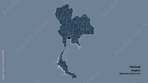 Amnat Charoen, province of Thailand, with its capital, localized, outlined and zoomed with informative overlays on a administrative map in the Stereographic projection. Animation 3D photo