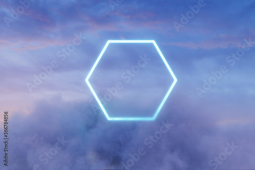 3d rendering of neon hexagon shape above fluffy clouds in front of moody sky