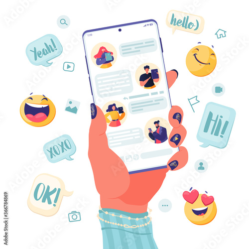 Female hand with smartphone. Phone displays chat with friends. Modern young people communicate on Internet, concept of social networks and virtual communication, modern technologies and messengers