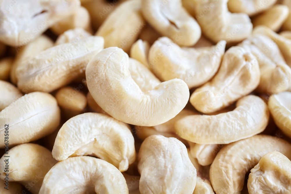Close up picture of dry natural cashew nuts, selective focus.