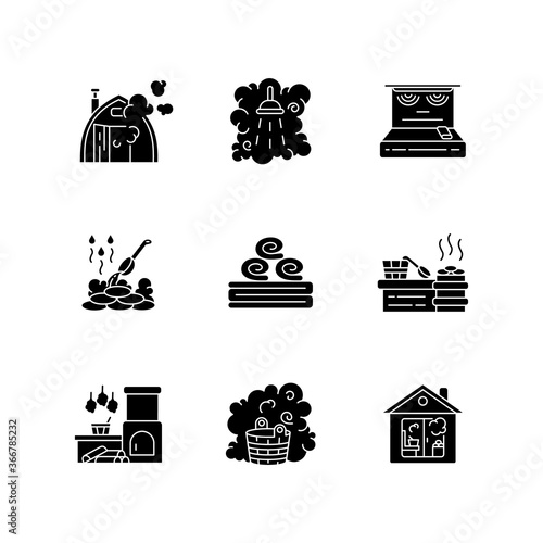 Bathhouse black glyph icons set on white space. Finnish sauna, russian steam bath silhouette symbols. Healthy recreation, relaxing pastime. Spa treatment, heat therapy. Vector isolated illustrations