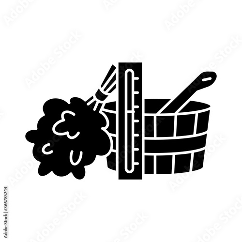Sauna accessories black glyph icon. Bathhouse relaxation, steam therapy silhouette symbol on white space. Banya attributes. Termometer, broom, water bucket and spoon vector isolated illustration