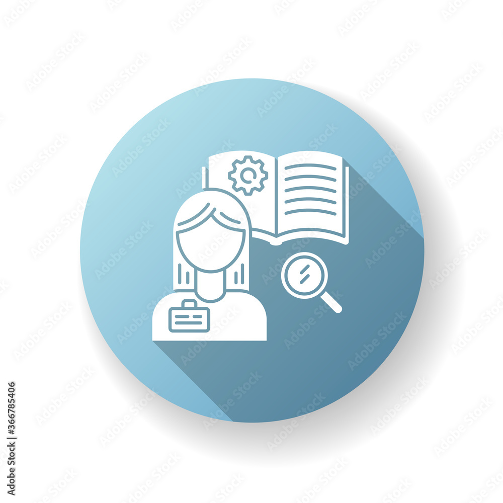 Vocational school blue flat design long shadow glyph icon. Professional skills development, specialty education. Potential workers training courses. Student silhouette RGB color illustration Vocational school blue flat design long shadow glyph icon. Professional skills development, specialty education. Potential workers training courses. Student silhouette RGB color illustration