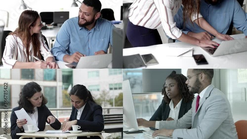 Collage of different managers working together and communicating. Experienced content young office workers studying documents in team. Split screen collage. Communication and cooperation concept