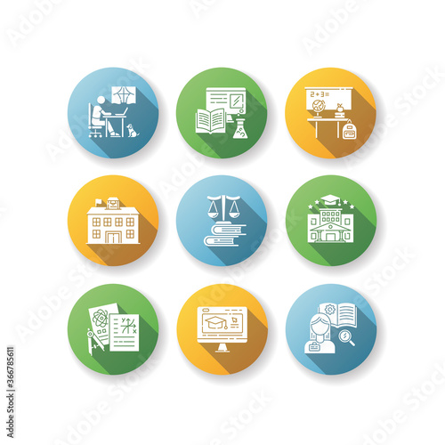 Education system flat design long shadow glyph icons set. Teaching methods, home schooling and online classes. Primary, secondary and higher education. Silhouette RGB color illustrations