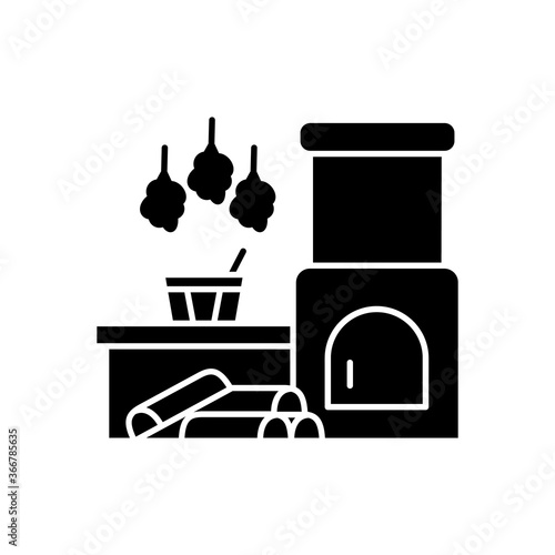 Russian banya black glyph icon. Traditional bathhouse on firewood silhouette symbol on white space. Sauna relaxation. National russian oven with brooms and water bucket vector isolated illustration