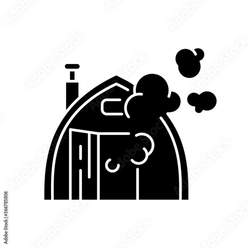 Finnish sauna black glyph icon. Traditional bathhouse, russian banya. Finland national culture silhouette symbol on white space. Small house for taking steam baths vector isolated illustration
