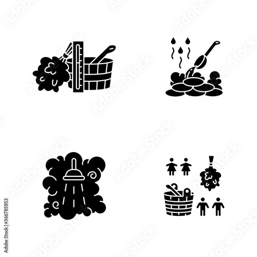 Sauna culture black glyph icons set on white space. Finnish and russian bathhouses accessories, brooms and water buckets. Steam shower, wet sauna silhouette symbols. Vector isolated illustrations