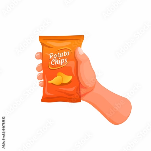 hand holding potato chips snack pack in cartoon illustration vector isolated on white background