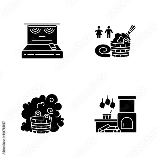Bathhouse types black glyph icons set on white space. Steam room, vaporarium, modern infrared sauna and traditional russian banya silhouette symbols. Mixed sex bathhouse. Vector isolated illustrations
