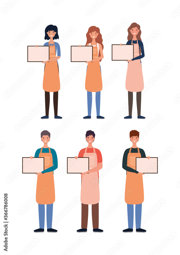 Obraz premium women and men sellers cartoons with banners design of shop retail buy and market theme Vector illustration