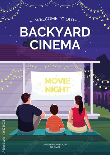 Backyard cinema poster template. Family watching film outside. Commercial flyer design with semi flat illustration. Vector cartoon promo card. Open air cinema advertising invitation
