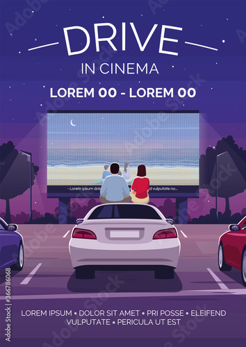 Drive in cinema poster template. Film premiere. Public event. Commercial flyer design with semi flat illustration. Vector cartoon promo card. Open air movie watching advertising invitation
