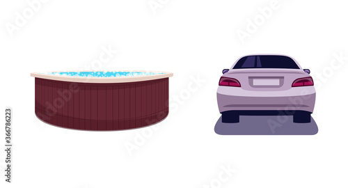 Weekend entertainment semi flat RGB color vector illustration set. Hot tub for relaxation. Bathtub with bubbles. Auto for driving. Private luxury isolated cartoon object on white background collection